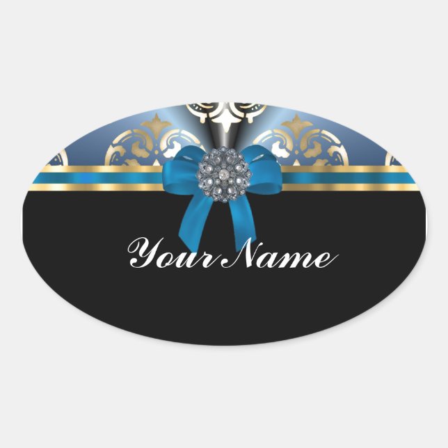 Blue and gold damask oval sticker (Front)