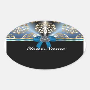 Blue and gold damask oval sticker