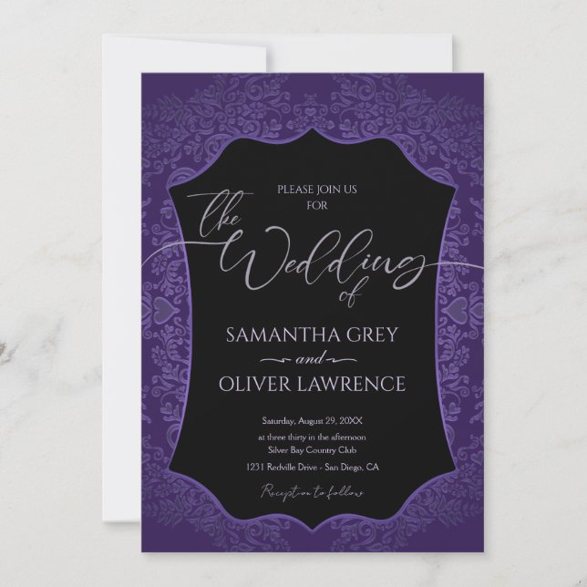 Blue and Gold Damask Wedding Invitation (Front)