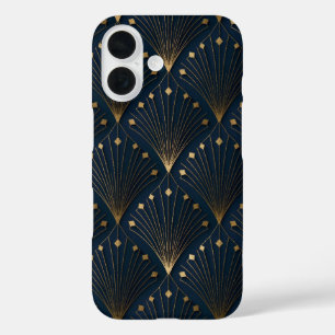 Blue And Gold Deco Pattern iPhone 16 Case