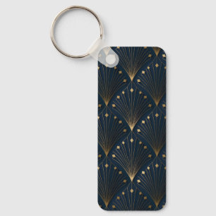 Blue And Gold Deco Pattern Key Ring