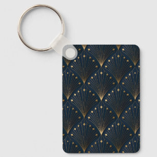 Blue And Gold Deco Pattern Key Ring