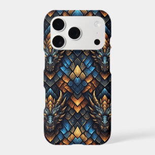 Blue and Gold Dragon Heads Geometric Scale Pattern