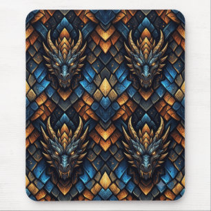 Blue and Gold Dragon Heads Geometric Scale Pattern Mouse Pad