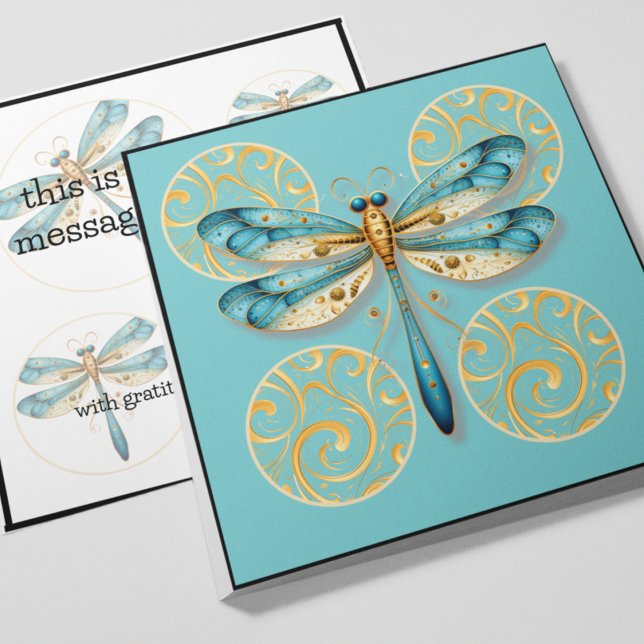 Blue and Gold Dragonfly with Border Invitation (Aqua and gold dragonfly customizable greeting card with gold accents and circles. )