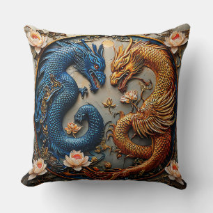 Blue and Gold Dragons in Yin Yang Design Cushion