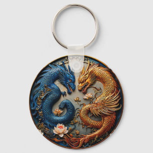 Blue and Gold Dragons in Yin Yang Design Key Ring