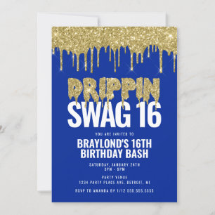 Blue and Gold Drippin Swag 16 Birthday Invitation