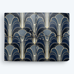 Blue and Gold Elegant Art Deco Fountain Wrapping Paper