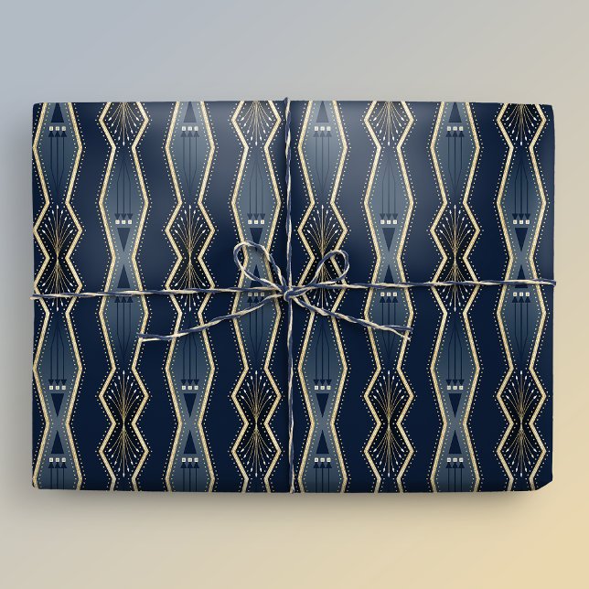 Blue and Gold Elegant Art Deco Stripe Wrapping Paper (Gift mockup)