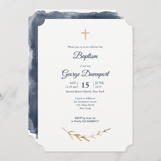 Blue  and Gold Elegant Baptism Religious event Invitation (Front/Back)