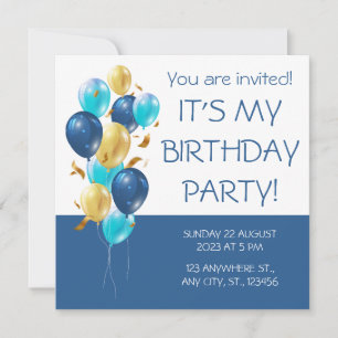 Blue and gold. Elegant birthday  Invitation
