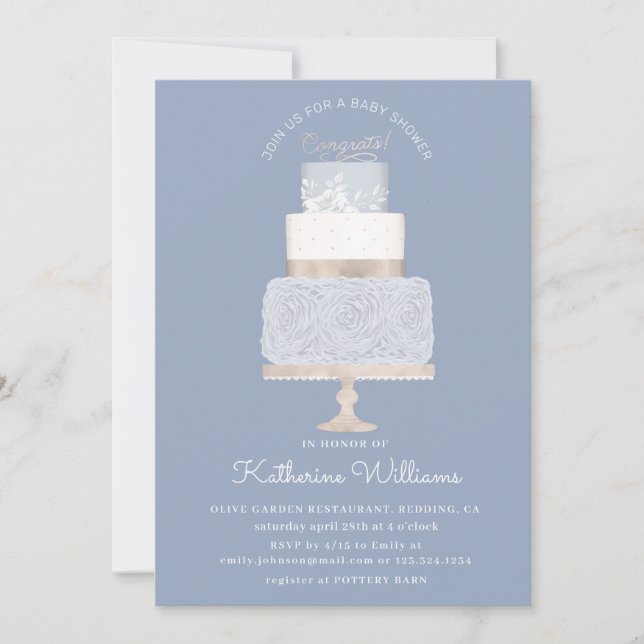 blue and gold elegant cake baby shower invitation (Front)