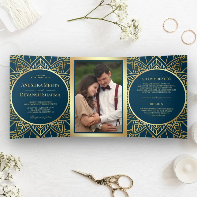 Blue and Gold Ethnic Mandala Indian Wedding Tri-Fold Invitation (Creator Uploaded)