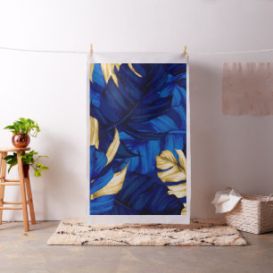 Blue and Gold Exotic Tropical Forest Pattern Fabric