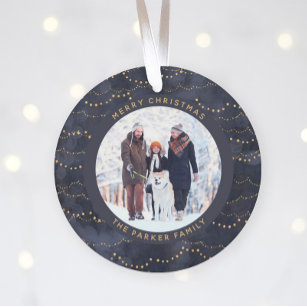 Blue and Gold Fairy Lights   Two Family Photos Ornament