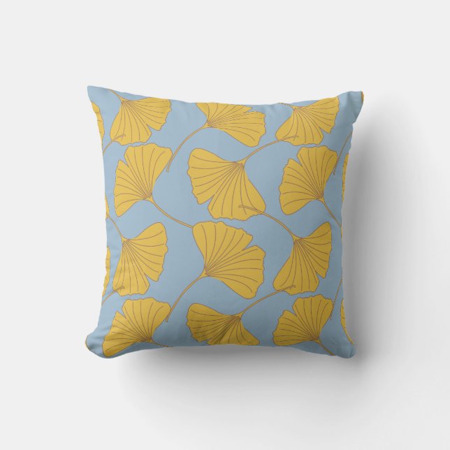 Blue and Gold Fall Ginkgo Ginko Biloba Leaves Cushion (Front)