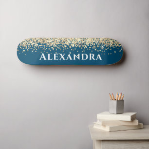 Blue And Gold Faux Glitter Aesthetic Custom Name Skateboard