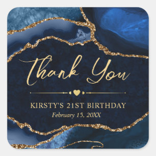 Blue and Gold Faux Glitter Agate Birthday Party Square Sticker
