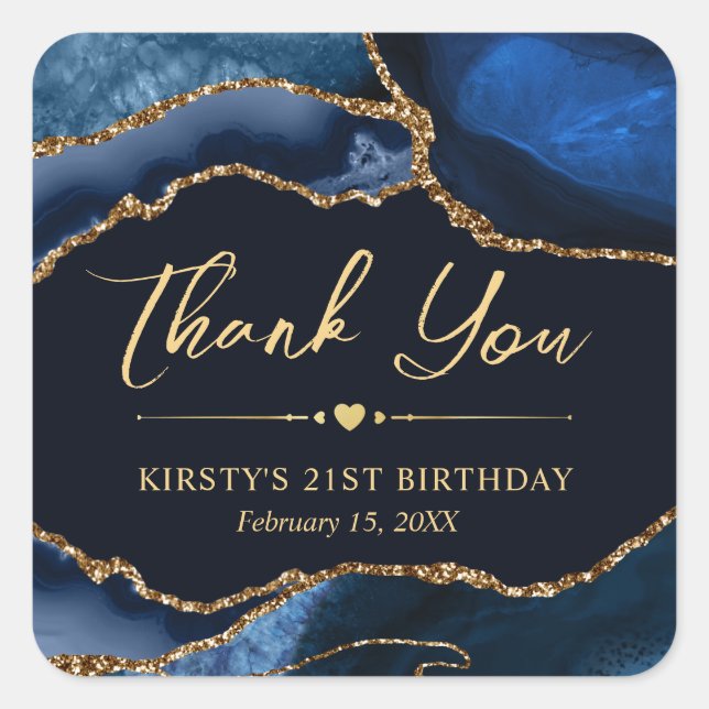 Blue and Gold Faux Glitter Agate Birthday Party Square Sticker (Front)