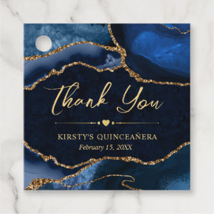Blue and Gold Faux Glitter Agate Quinceanera Favour Tags