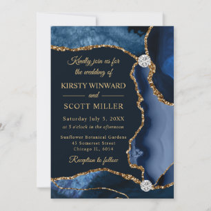 Blue and Gold Faux Glitter Agate Wedding Invitation
