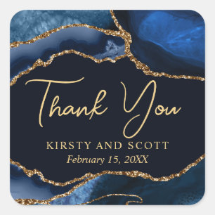 Blue and Gold Faux Glitter Agate Wedding Square Sticker