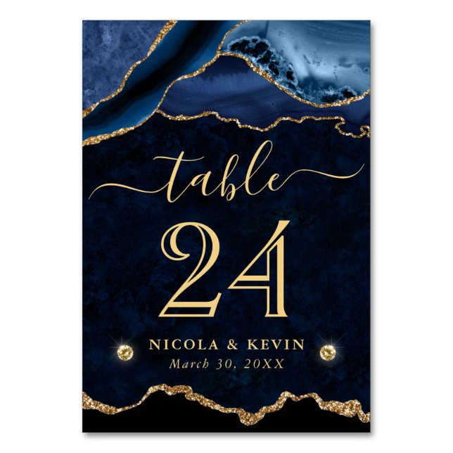 Blue and Gold Faux Glitter Agate Wedding Table Number (Front)