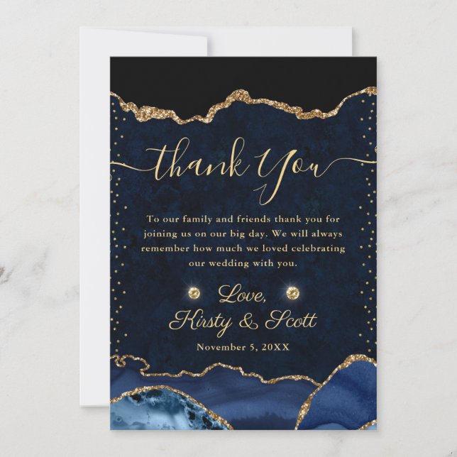 Blue and Gold Faux Glitter Agate Wedding Thank You Card (Front)
