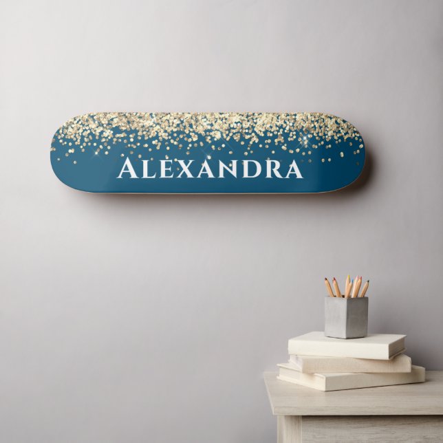 Blue And Gold Faux Glitter Esthetic Custom Name Skateboard (Wall Art (Horz))