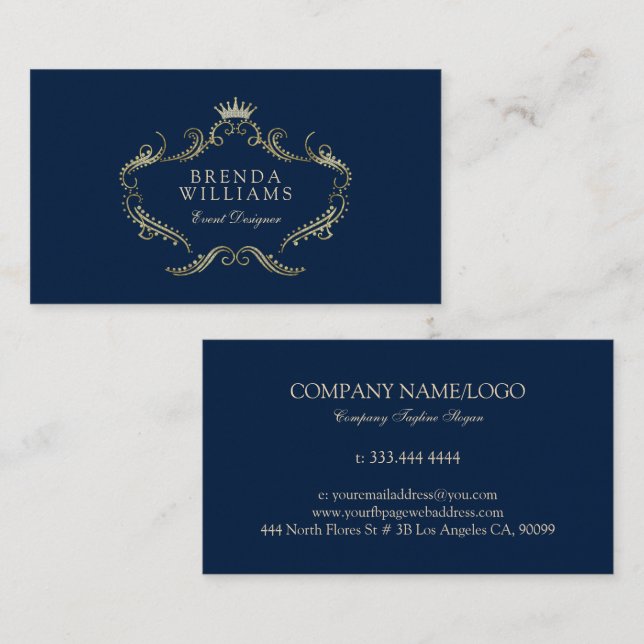 Blue And Gold Faux Glitter Ornate Frame Business C Card (Front/Back)