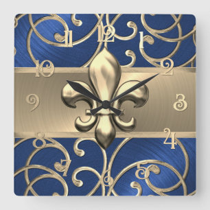 Blue and Gold Filigree Swirls Fleur de Lis Square Wall Clock