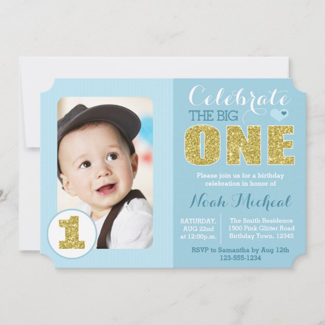 Blue and Gold First Birthday Party Invitation (Front)