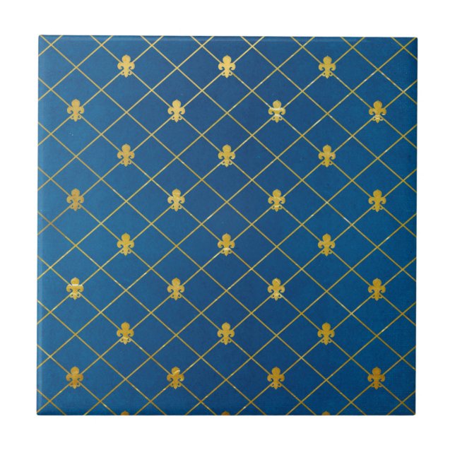 Blue and Gold. Fleur de Lis. Ceramic Tile (Front)