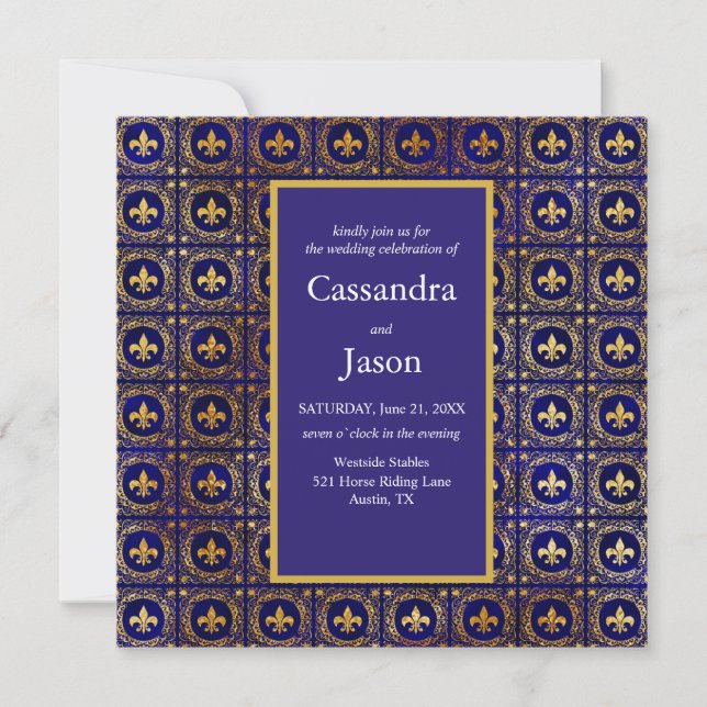 Blue and Gold Fleur-de-lis Wedding Invitation (Front)