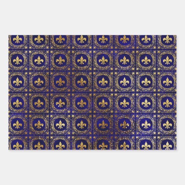 Blue and Gold Fleur-de-lis Wrapping Paper Sheet (Front)