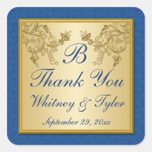 Blue and Gold Floral Damask Monogram Sticker