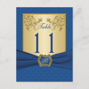 Blue and Gold Floral Damask Table Number Postcard