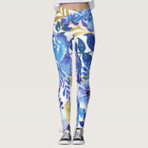 Blue and Gold Floral Leggings