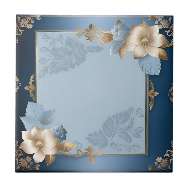 Blue And Gold Floral Metallic Ceramic Tile (Front)
