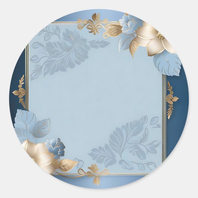 Blue And Gold Floral Metallic Classic Round Sticker (Front)