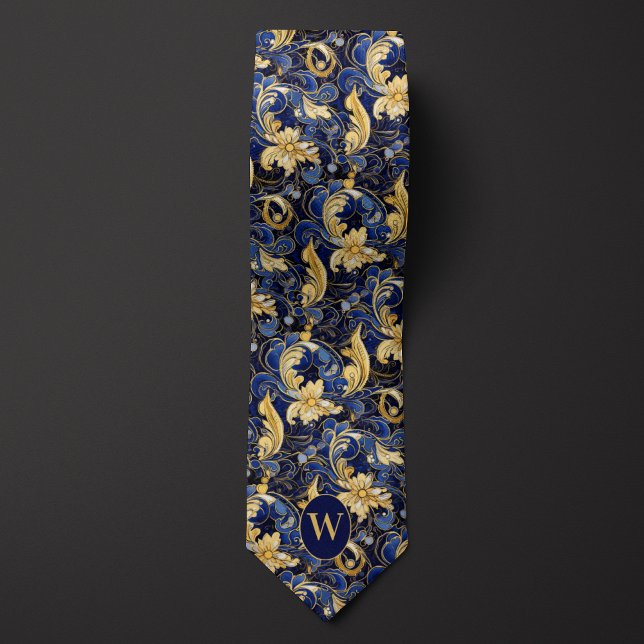 Blue and Gold Floral Monogram Tie (Creator Uploaded)