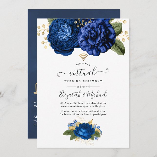 Blue and Gold Floral Online Virtual Wedding Invitation (Front/Back)