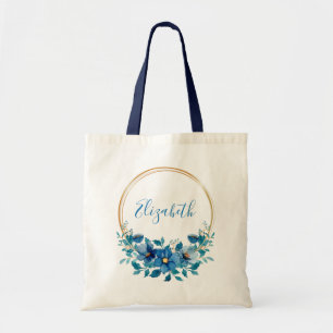 Blue and gold floral personalised tote bag