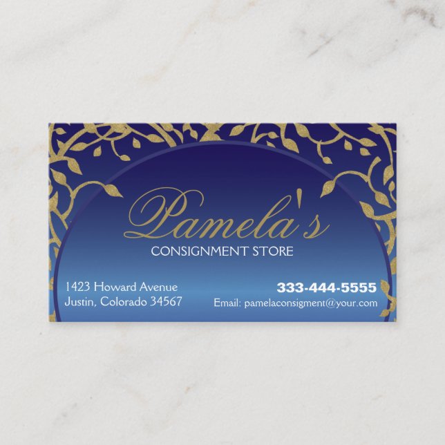 Blue and Gold Floral Professional or Personal Business Card (Front)