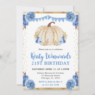 Blue and Gold Floral Pumpkin Fall 21st Birthday Invitation