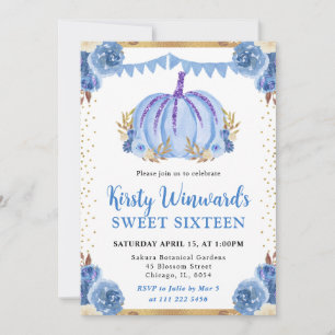 Blue and Gold Floral Pumpkin Fall Sweet 16 Invitation