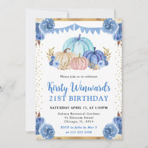 Blue and Gold Floral Pumpkins Fall 21st Birthday Invitation