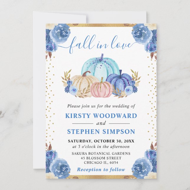 Blue and Gold Floral Pumpkins Fall Wedding Invitation (Front)