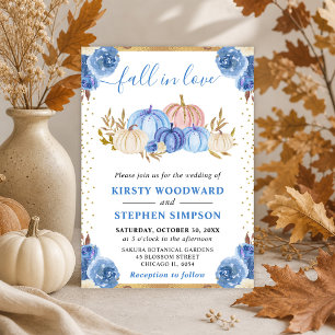 Blue and Gold Floral Pumpkins Fall Wedding Invitation